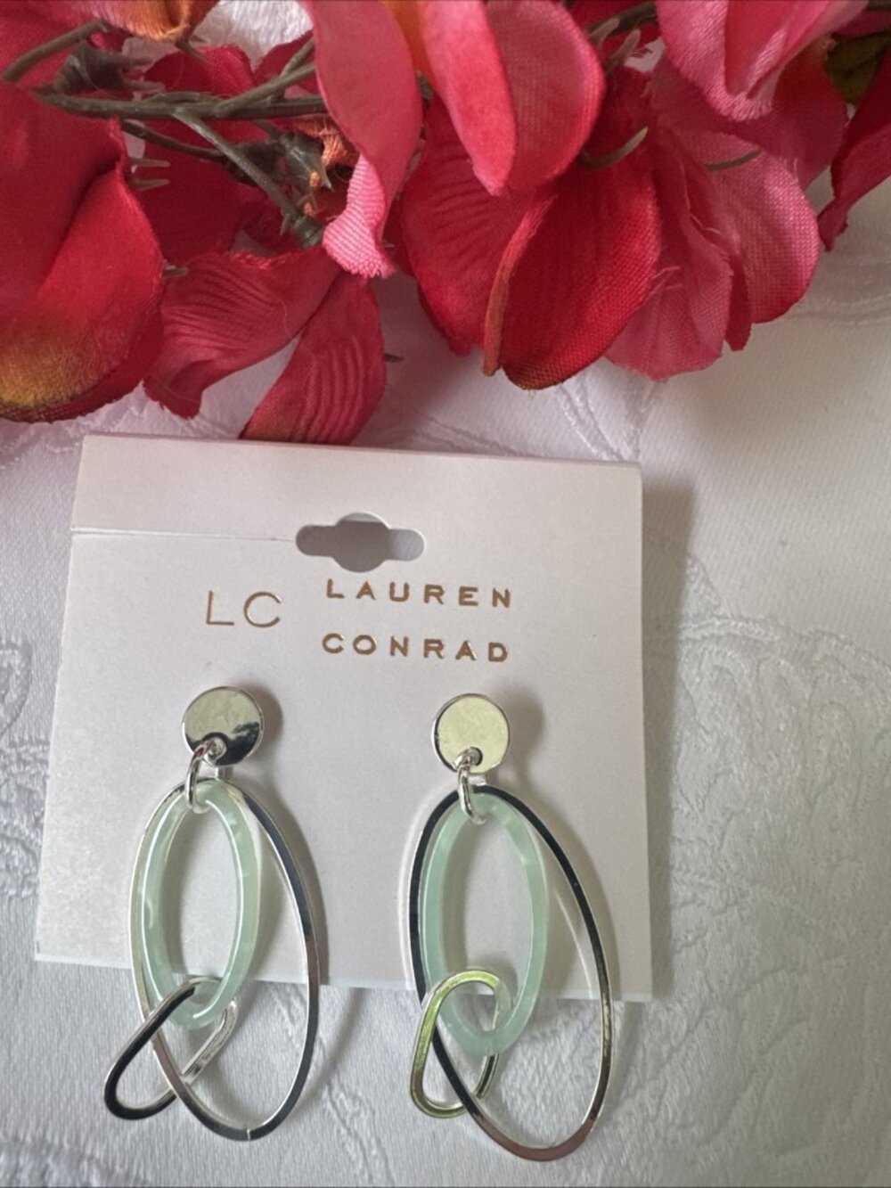 LC Lauren Conrad  Silver Tone Mint Oval Dangle Drop CZ Earrings 1 3/4"Summer NEW